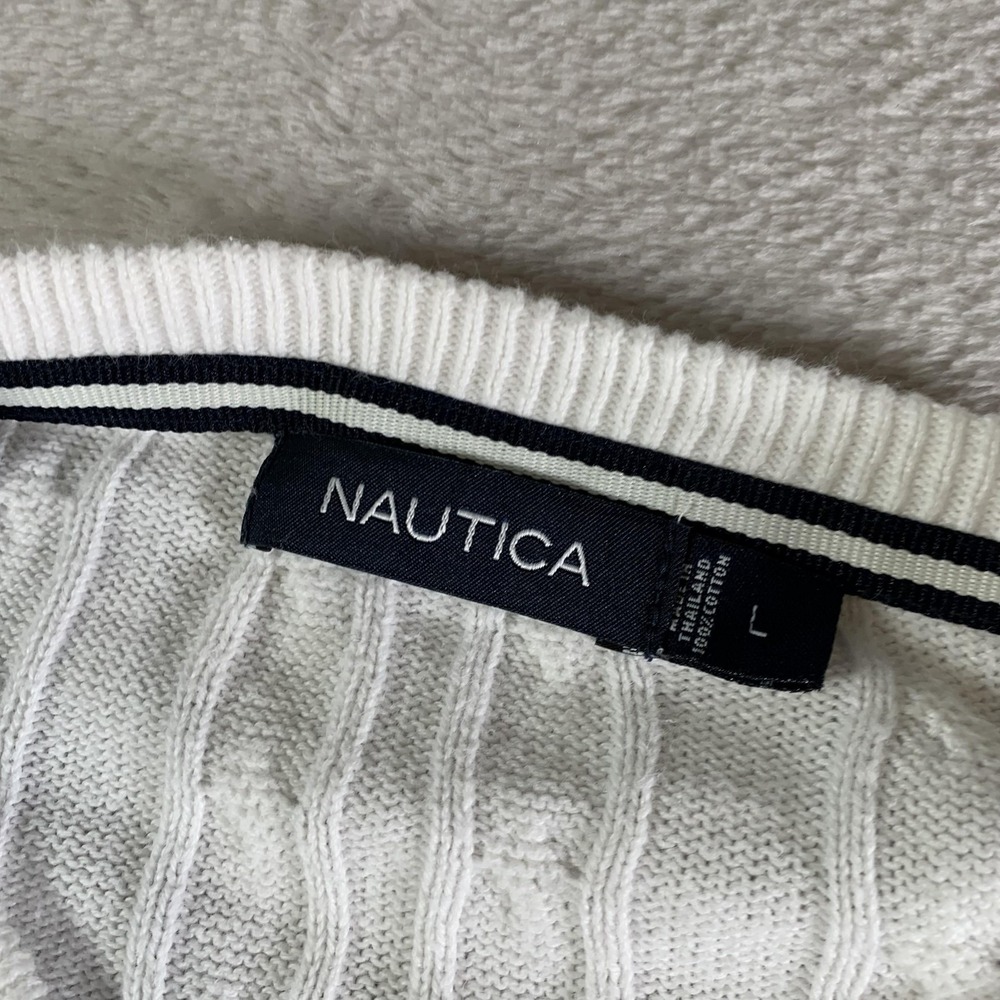 Nautica Sweater Mens Large White Cable Knit Crewneck Cotton Pullover Casual‎ - Picture 3 of 10